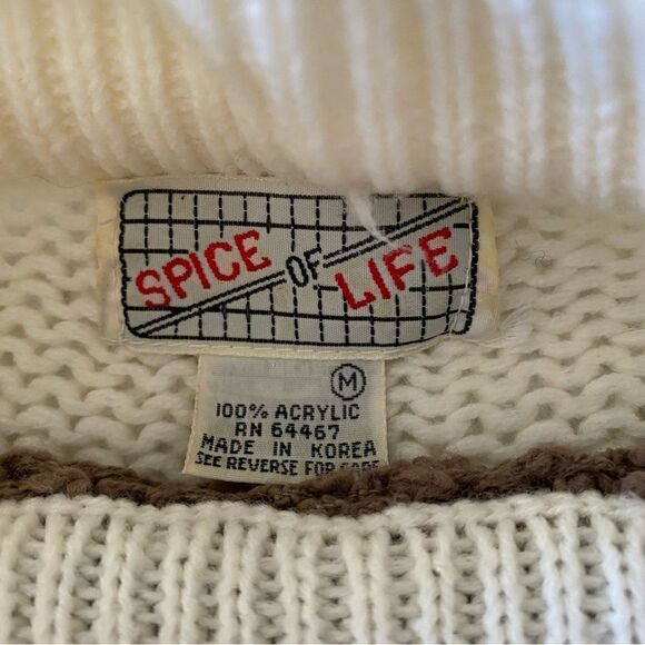 80s Vintage Spice of Life Cream and Brown Embellished Knit Sweater Size M - Picture 5 of 6